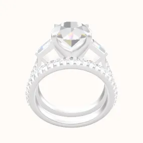 Diamond Band with Baguette Sidestones Engagement Ring With Four Prong Head and Matching Band