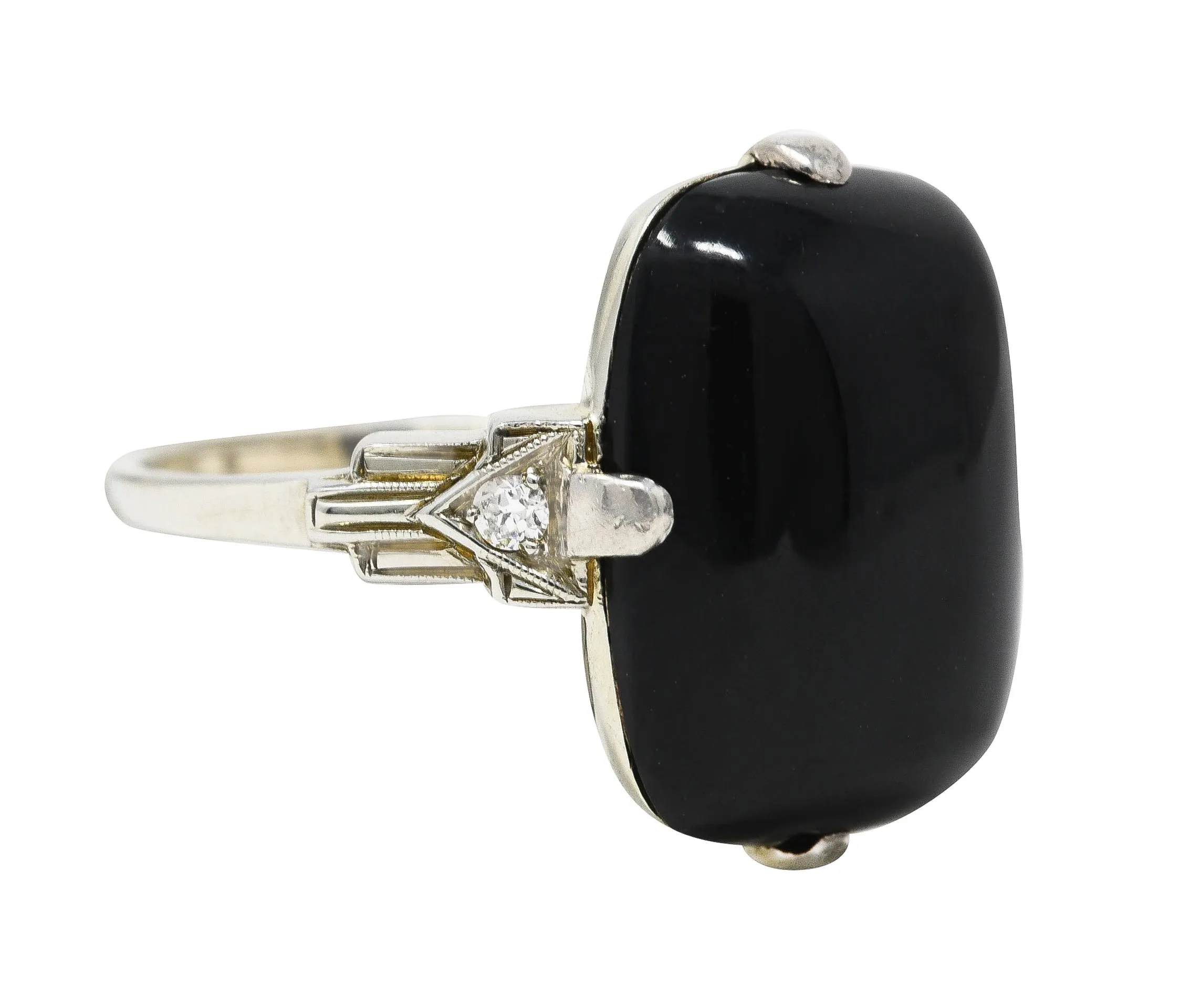 Felger Art Deco Cushion Onyx Diamond 14 Karat White Gold Stepped Shoulder Ring