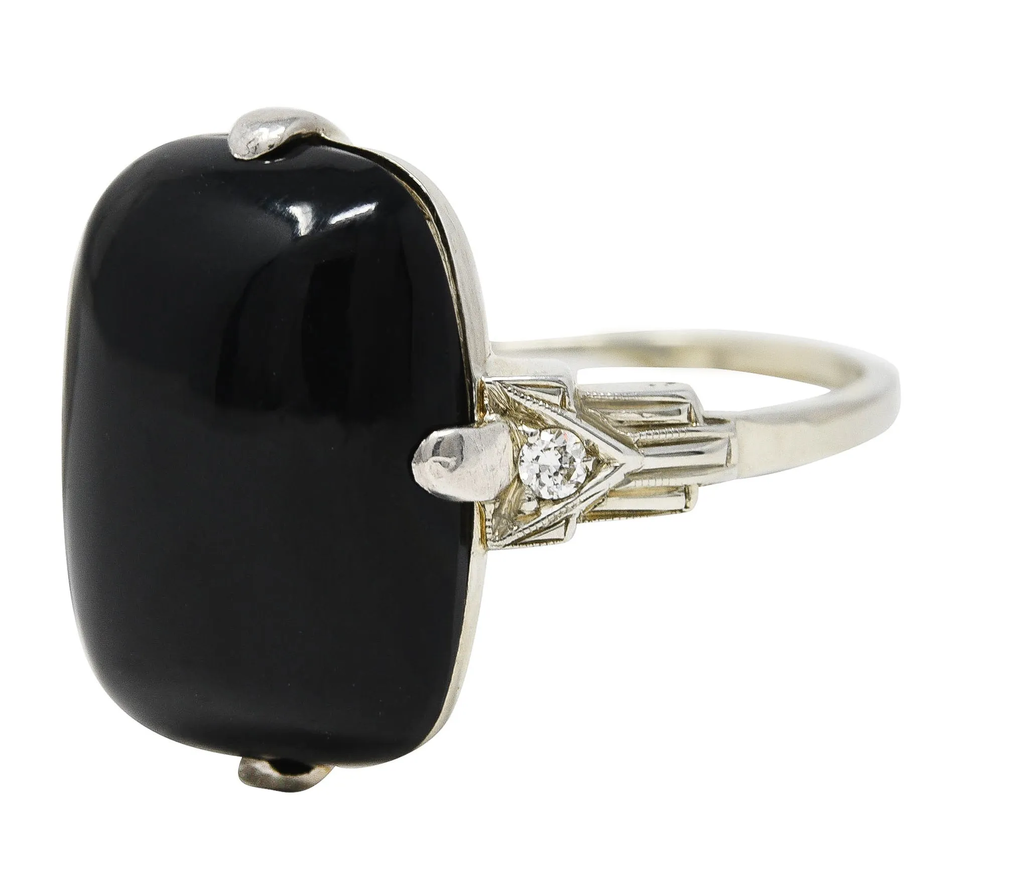 Felger Art Deco Cushion Onyx Diamond 14 Karat White Gold Stepped Shoulder Ring