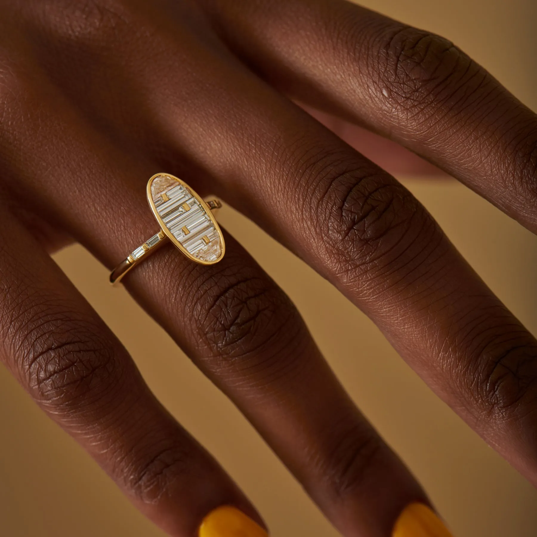 Golden Vessel Engagement Ring with Half Moon and Baguette Diamonds