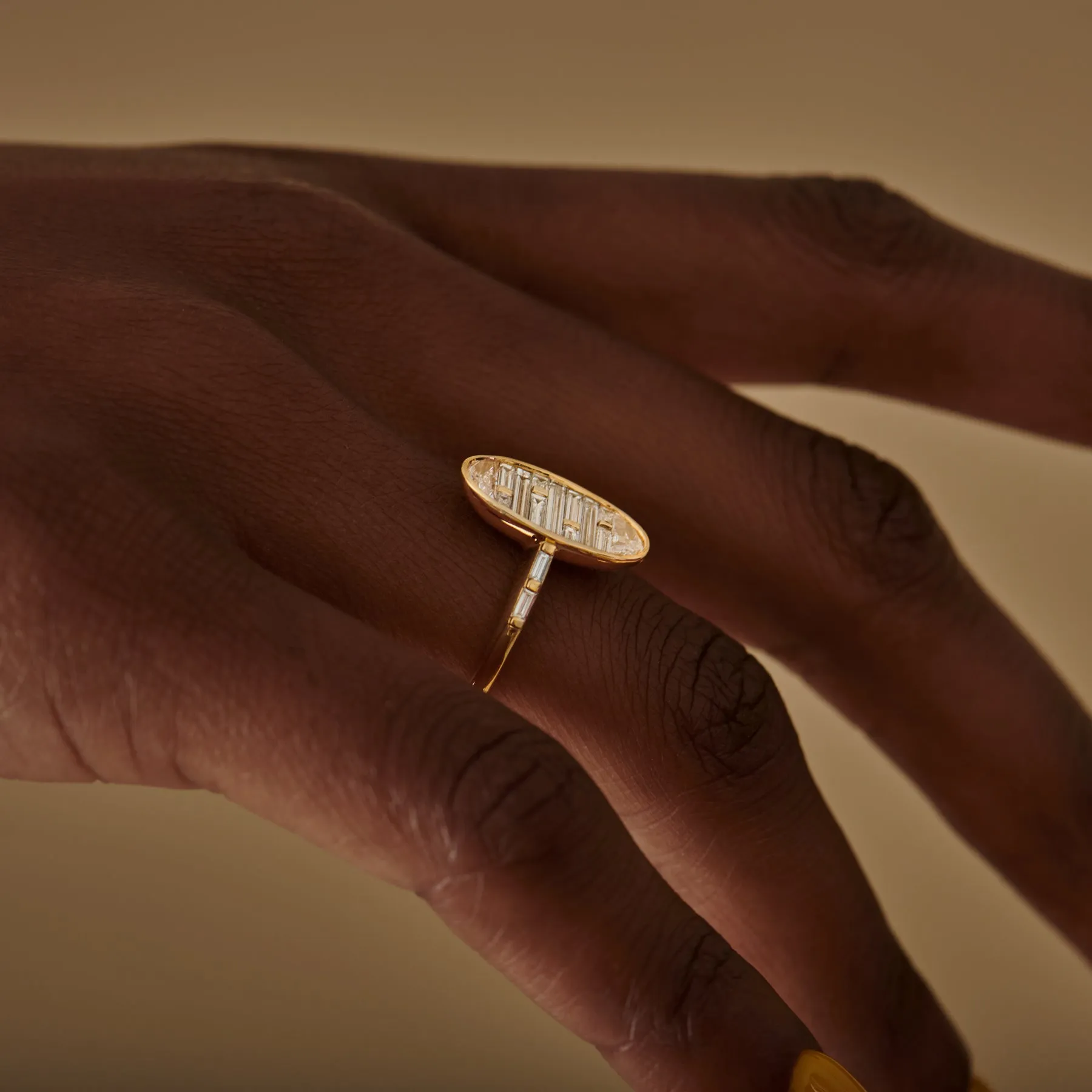 Golden Vessel Engagement Ring with Half Moon and Baguette Diamonds