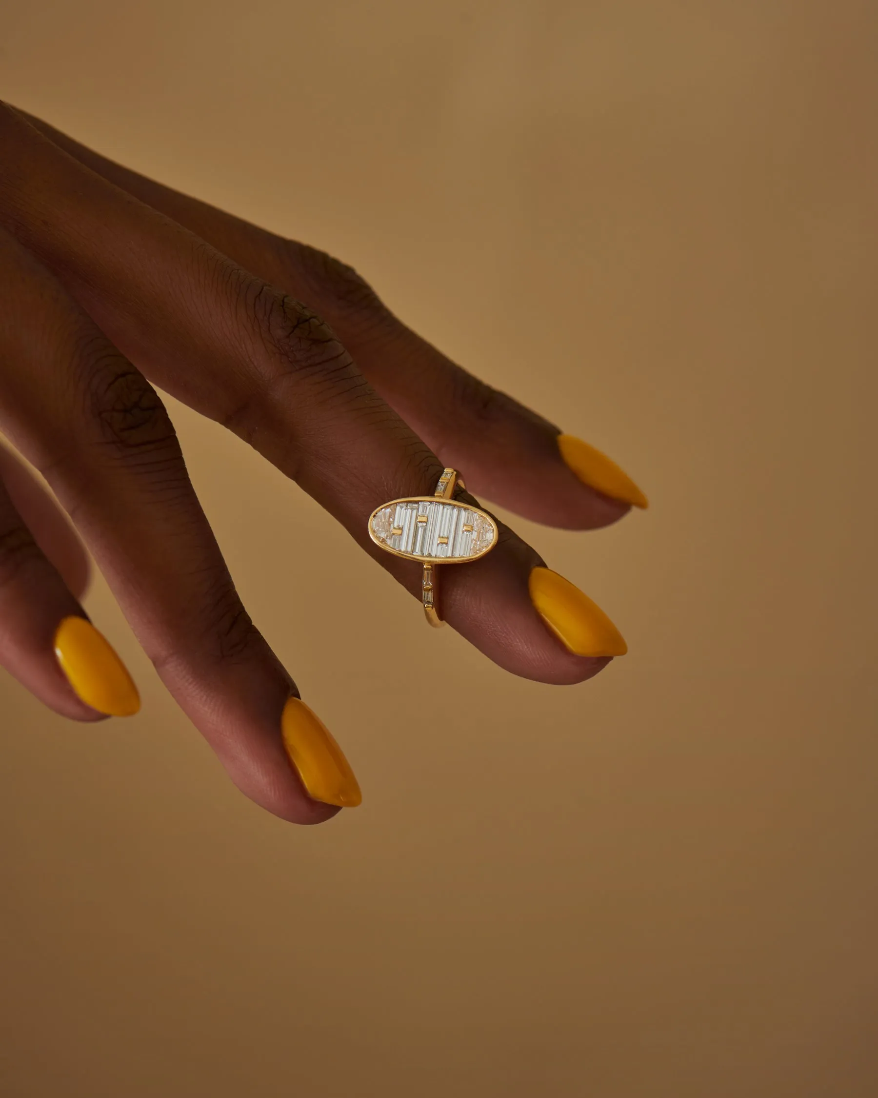 Golden Vessel Engagement Ring with Half Moon and Baguette Diamonds