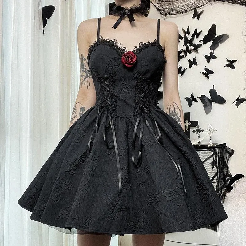 Gothic Dark Butterfly Lace Decorative Sling A-line Dress S