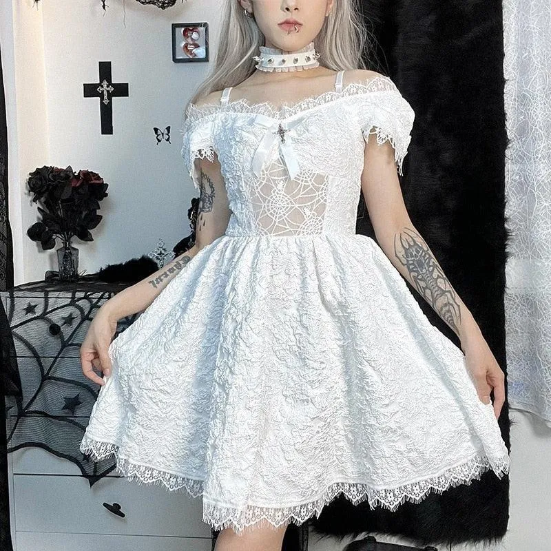 Gothic Dark Butterfly Lace Decorative Sling A-line Dress S