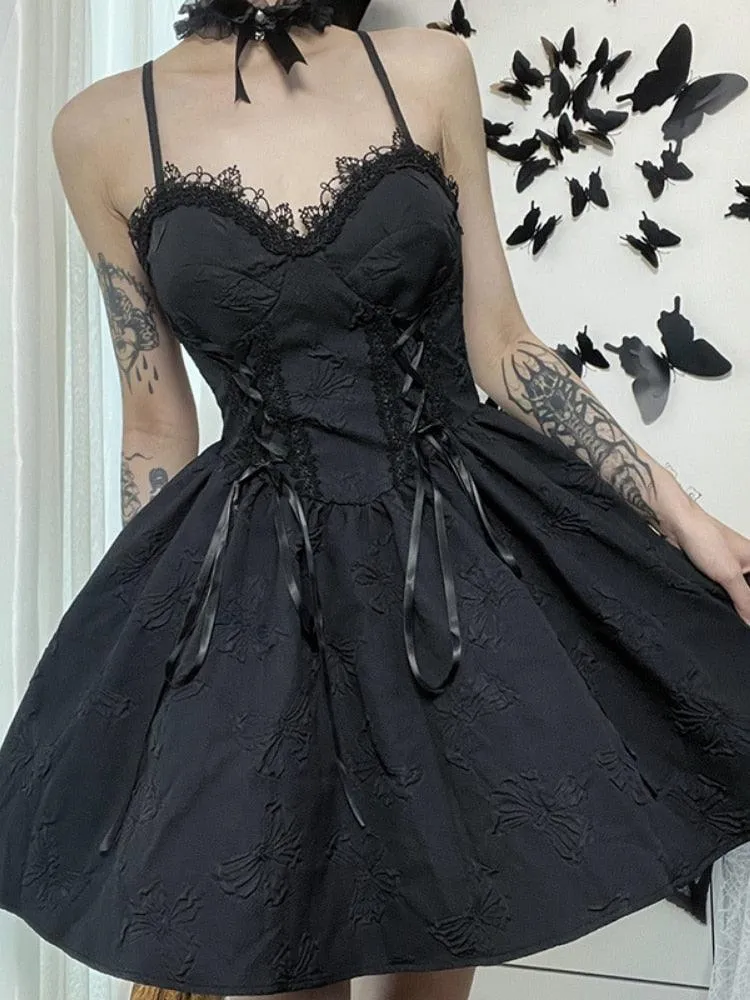 Gothic Dark Butterfly Lace Decorative Sling A-line Dress S