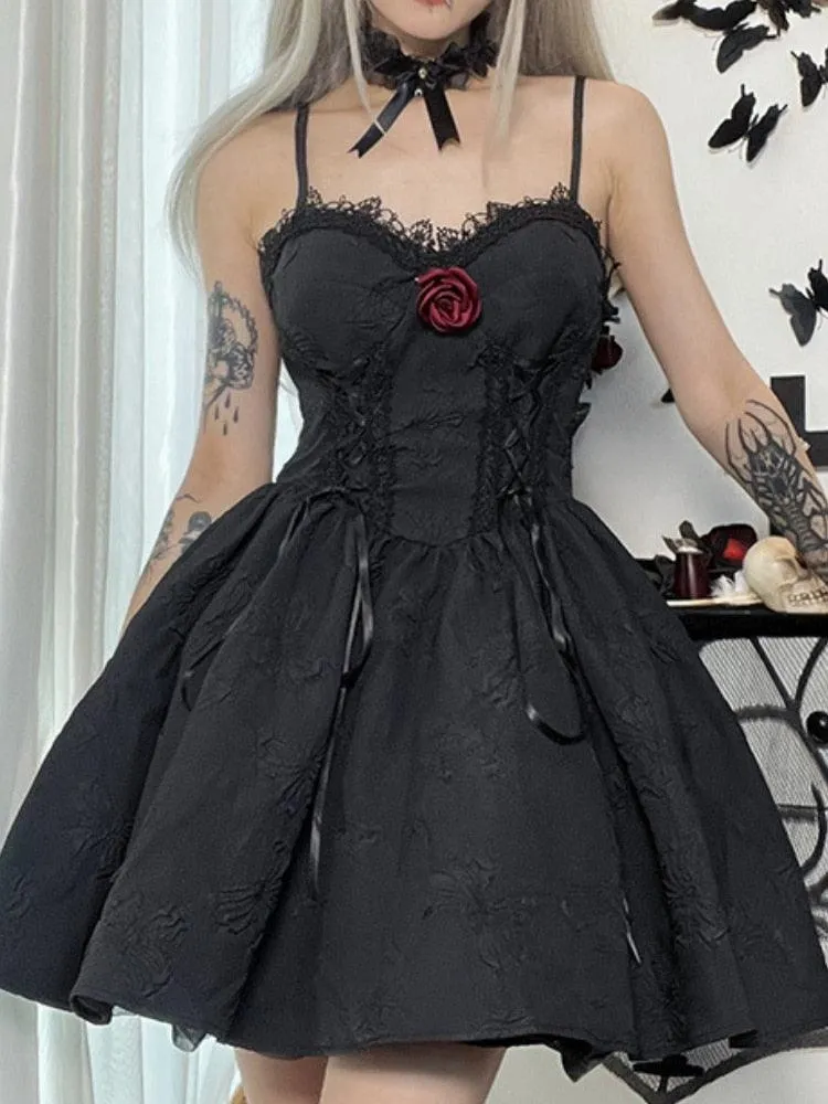 Gothic Dark Butterfly Lace Decorative Sling A-line Dress S