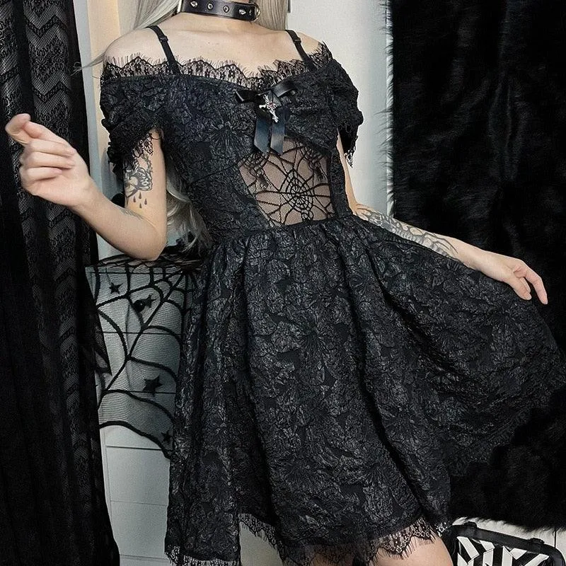 Gothic Dark Butterfly Lace Decorative Sling A-line Dress S