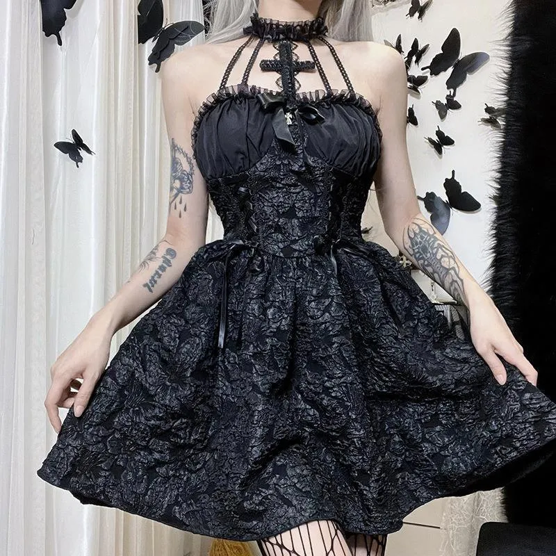 Gothic Dark Butterfly Lace Decorative Sling A-line Dress S