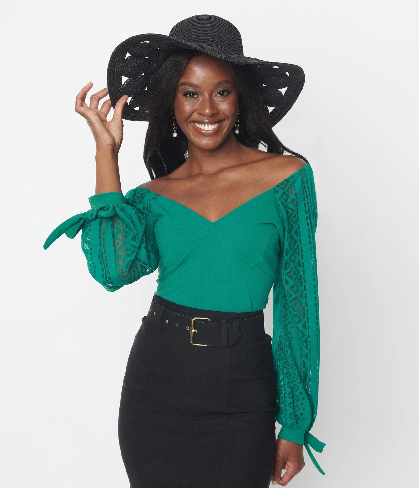 Green Geometric Off The Shoulder Top