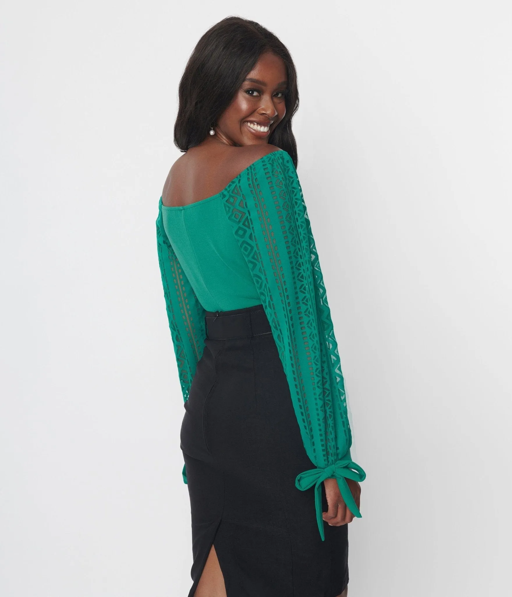 Green Geometric Off The Shoulder Top