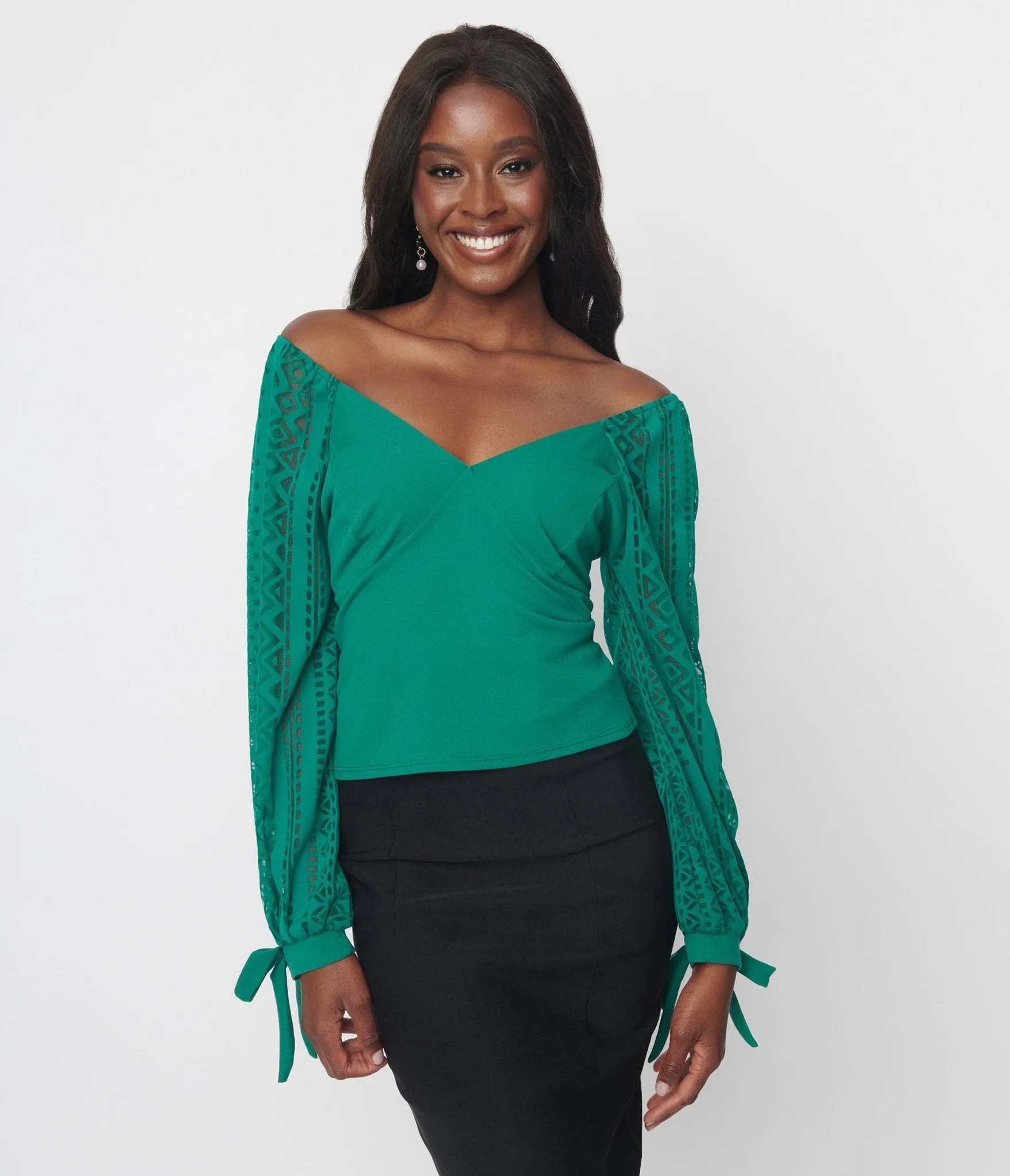 Green Geometric Off The Shoulder Top