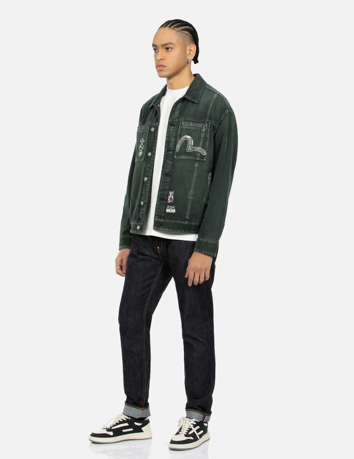 Green Tone Washed Effect with Logo Embroidery Loose Fit Denim Jacket