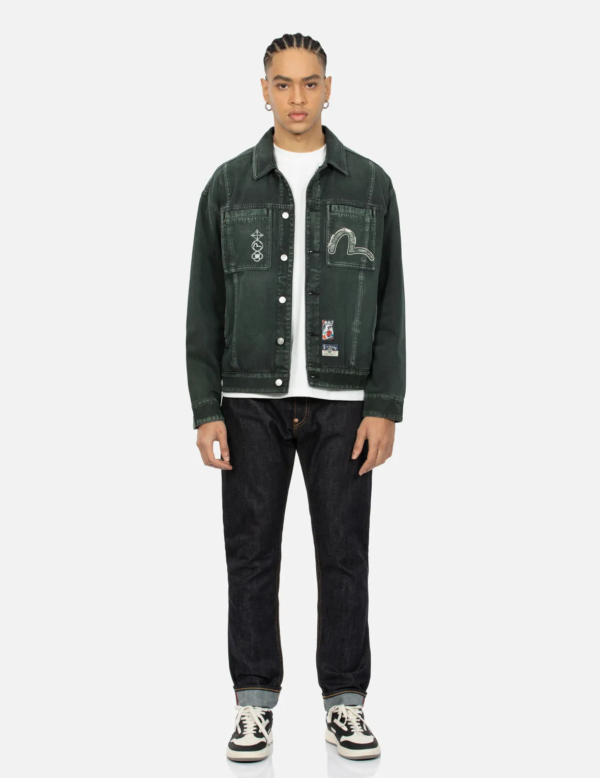 Green Tone Washed Effect with Logo Embroidery Loose Fit Denim Jacket