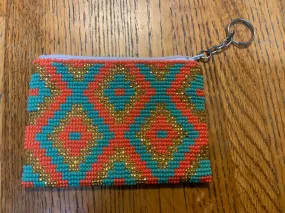 Guatemalan handcrafted glass seed bead change purse with key ring.  BZ410