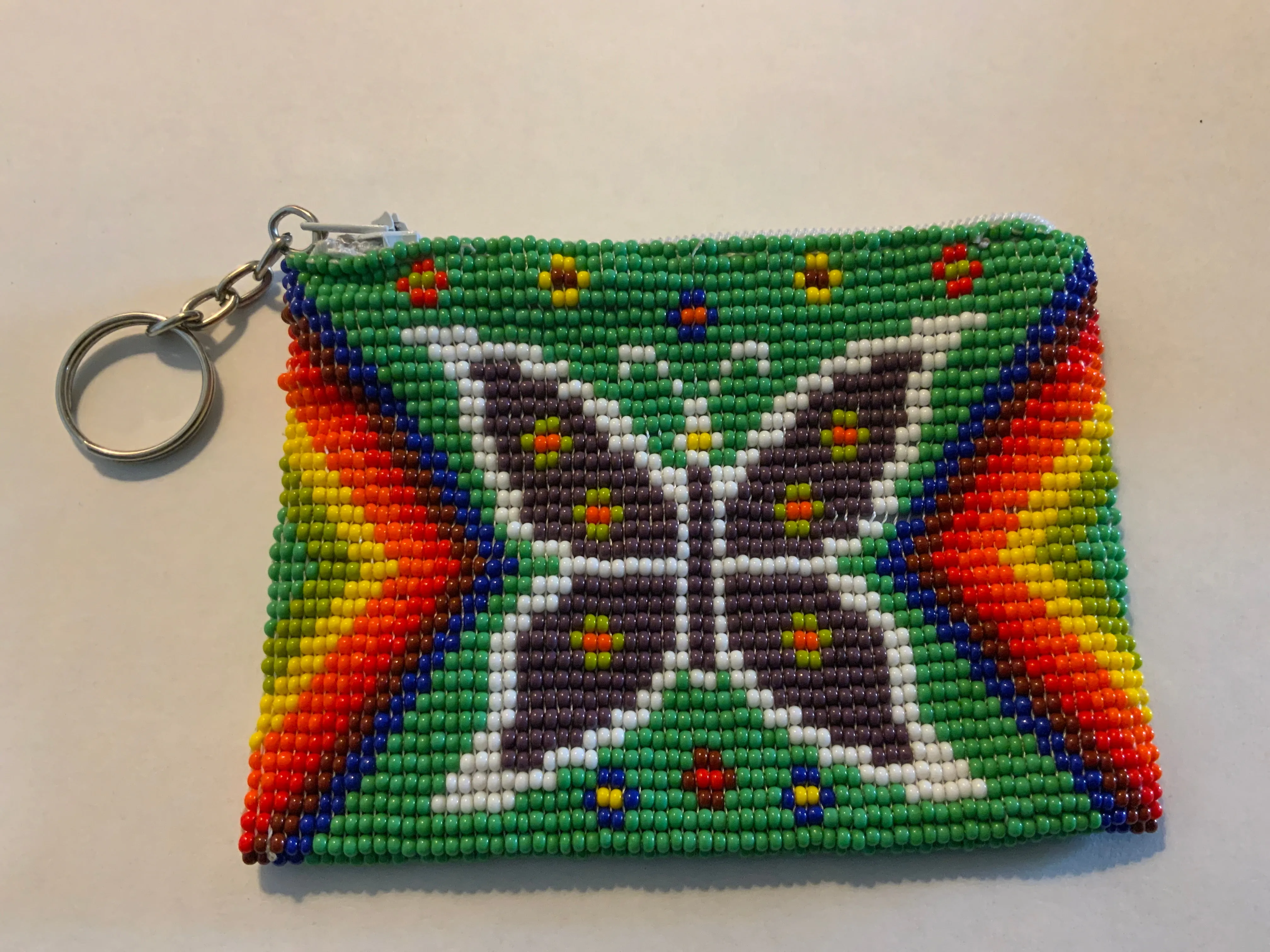 Guatemalan Pictoral handcrafted glass bead change purse with key ring.