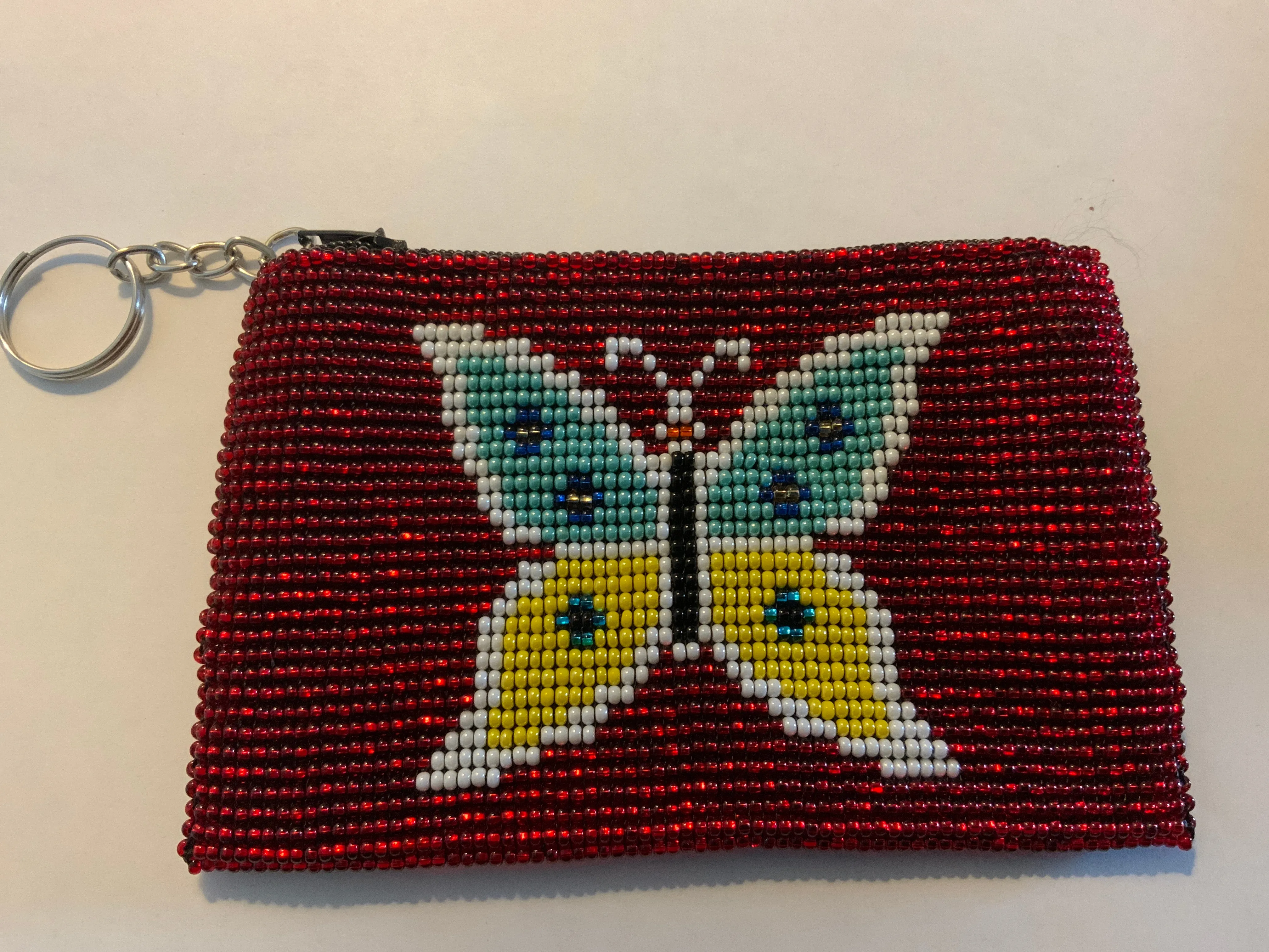 Guatemalan Pictoral handcrafted glass bead change purse with key ring.