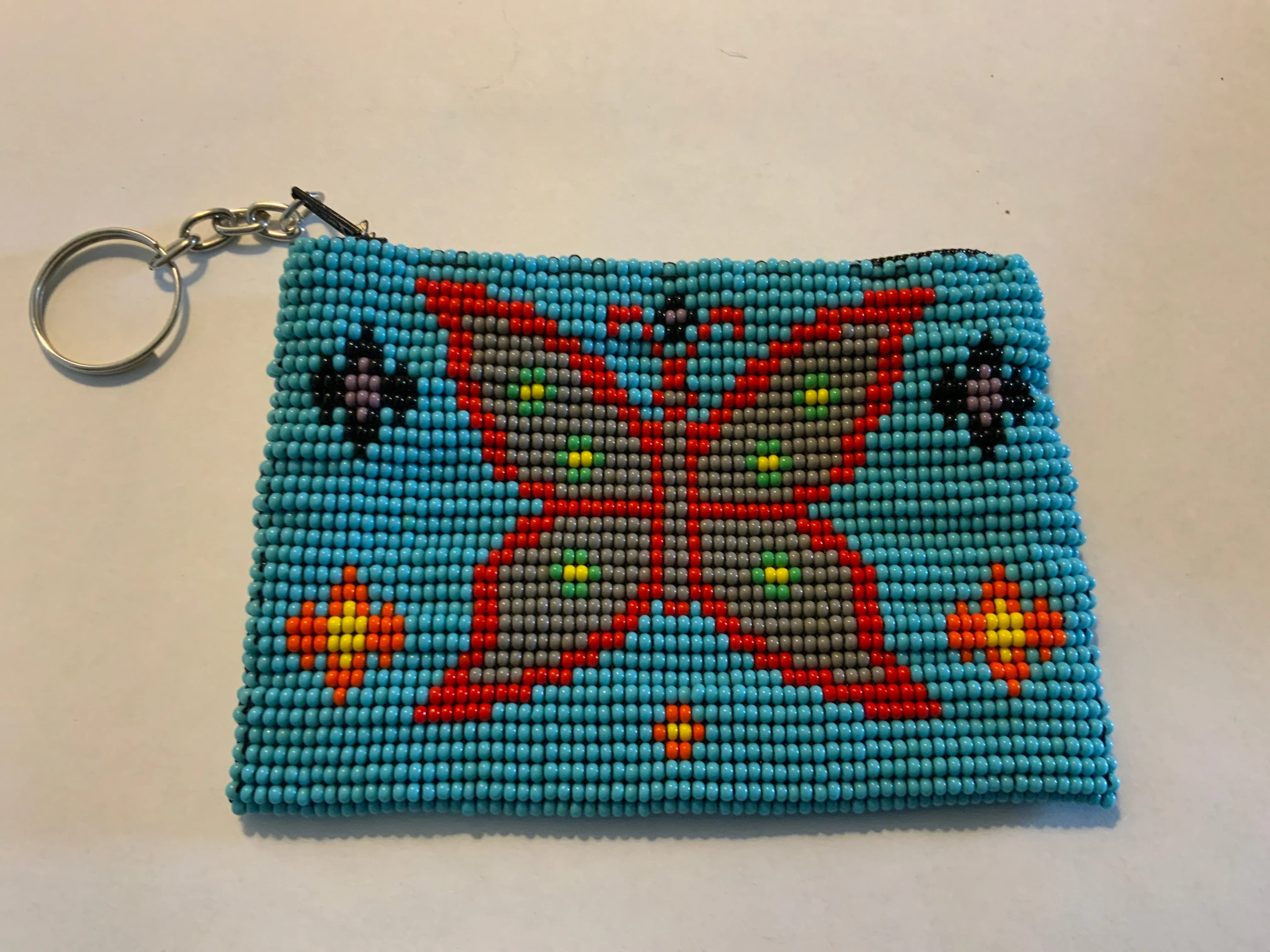 Guatemalan Pictoral handcrafted glass bead change purse with key ring.