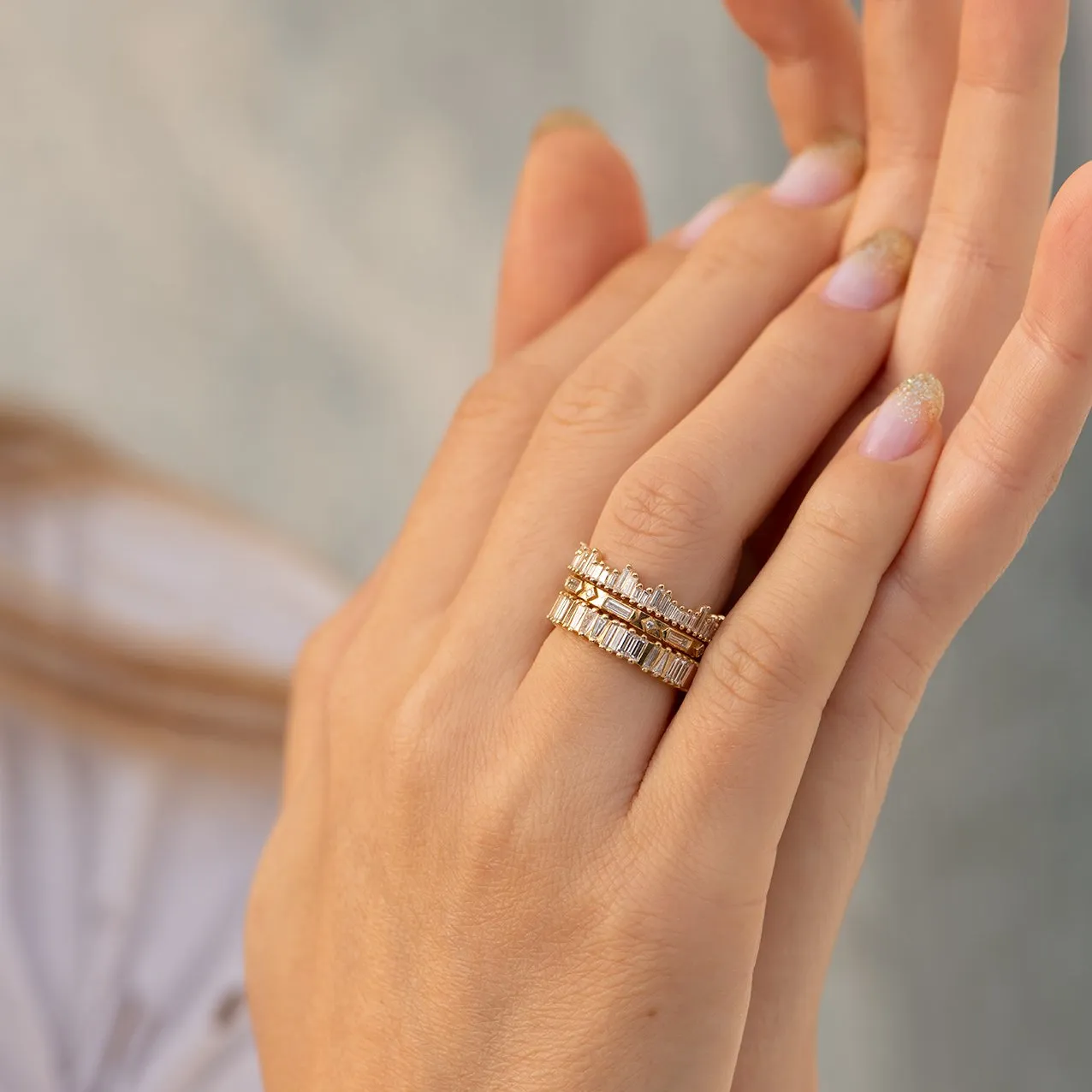 Half Eternity 18K Gold Geometric Ring with Baguette & Round Diamonds