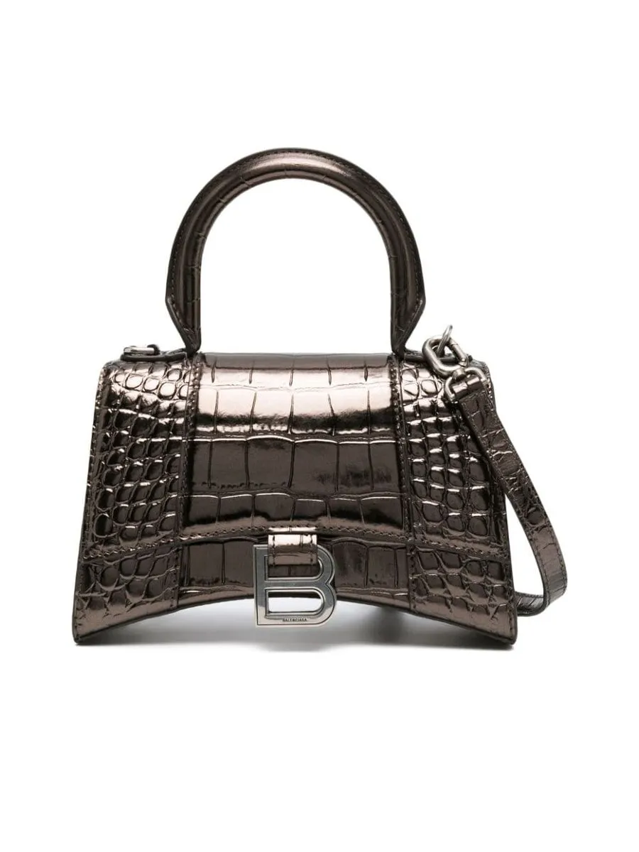 Hourglass XS Handbag Metallized Crocodile Embossed in Bronze