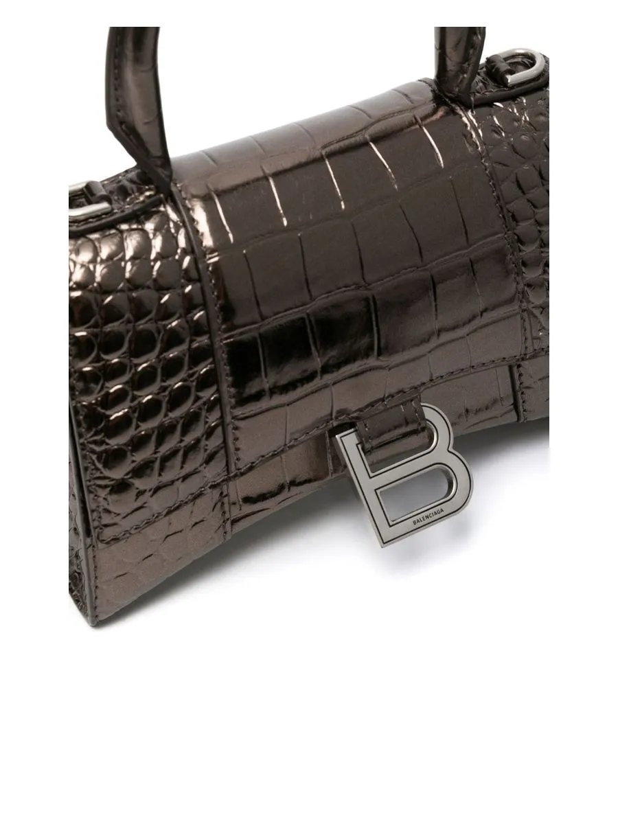 Hourglass XS Handbag Metallized Crocodile Embossed in Bronze