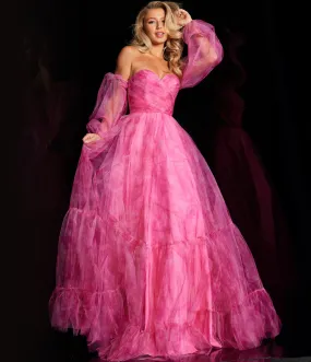 Jovani Fuchsia Off The Shoulder Ruched Organza Ballgown