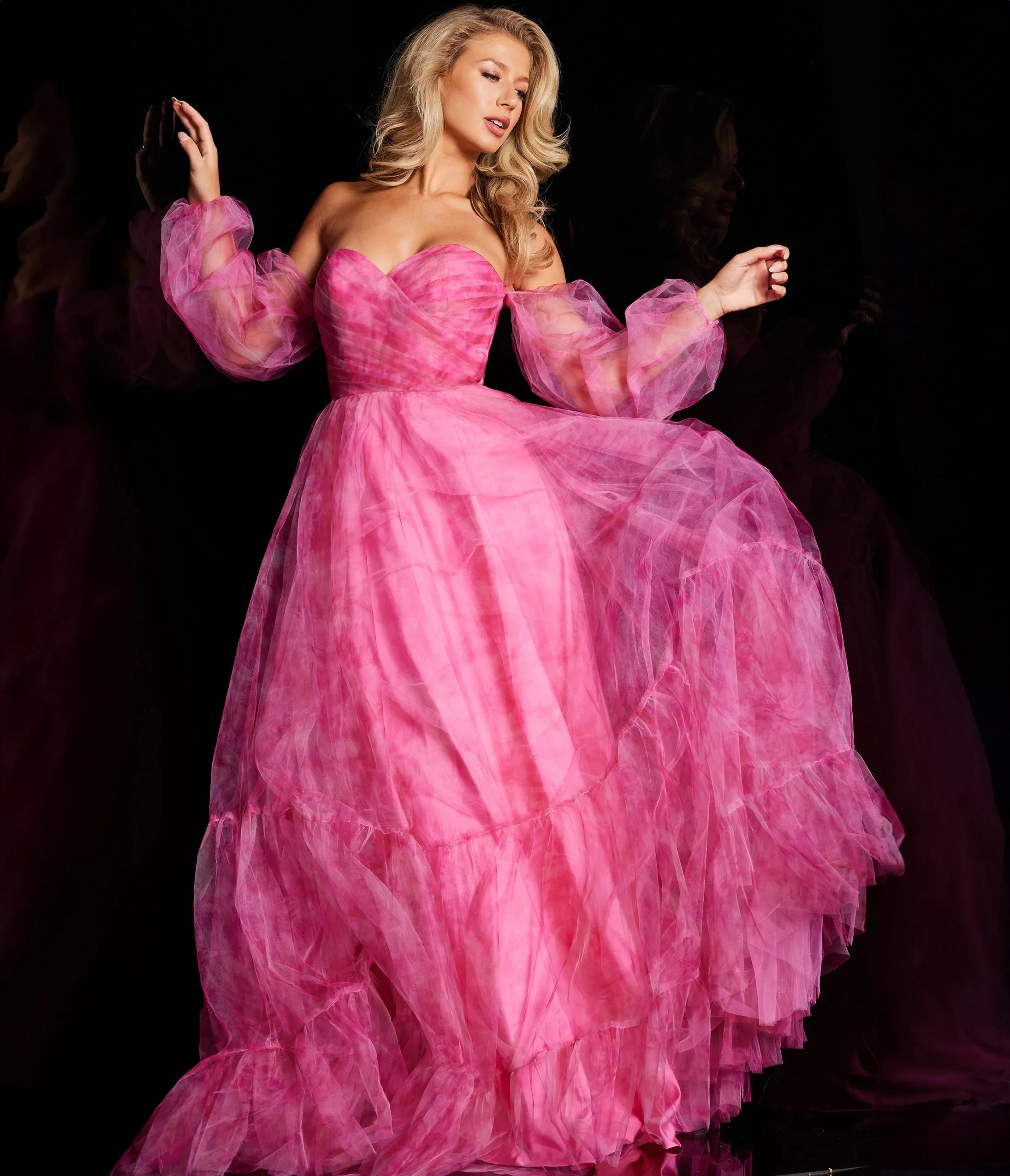 Jovani Fuchsia Off The Shoulder Ruched Organza Ballgown