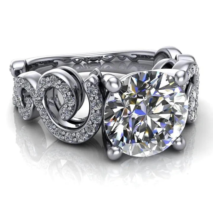 Katie 9.5mm or 3.5 Cts. Diamond Equivalent Weight Round Center Stone Swirl Shank Micro Pave Diamond Accent Shoulder Ring