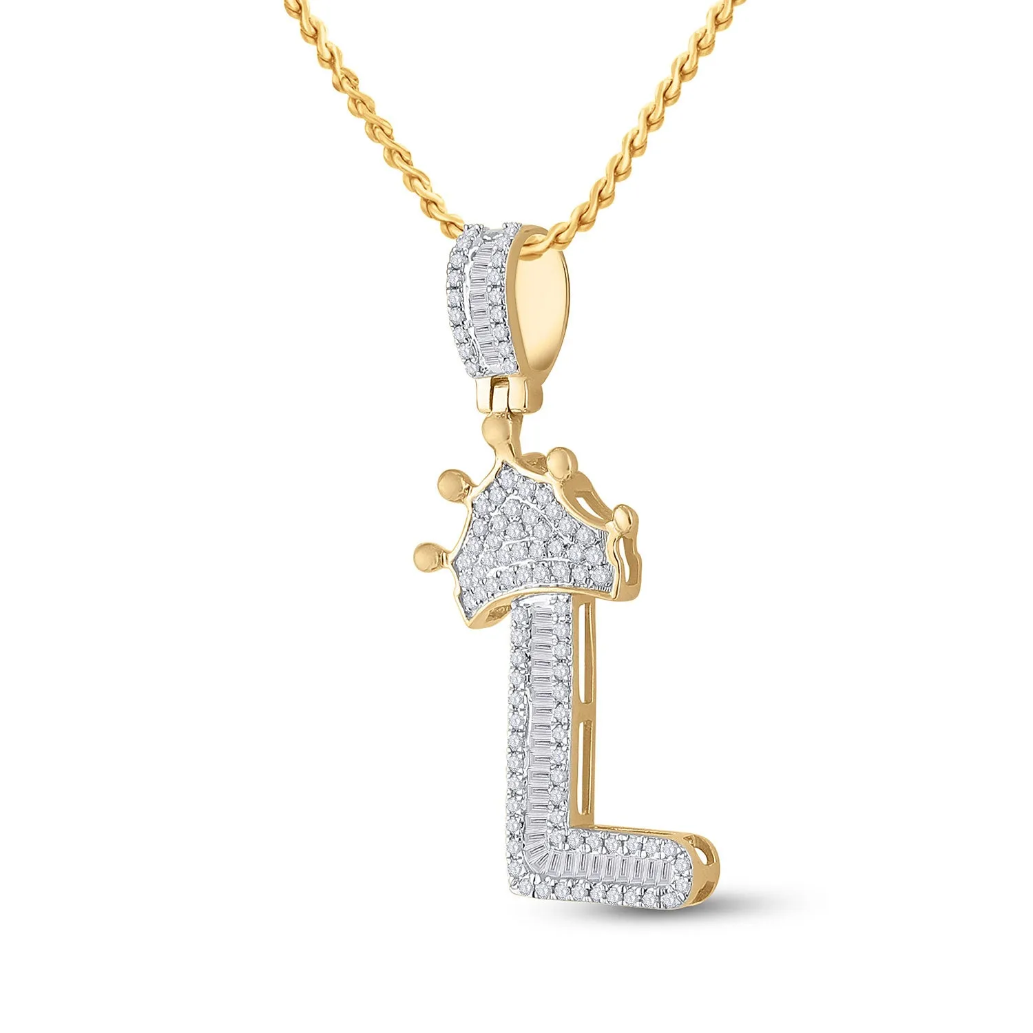 Keene Jewelers 10kt Yellow Gold Mens Baguette Diamond Crown L Letter Charm Pendant 1/2 Cttw