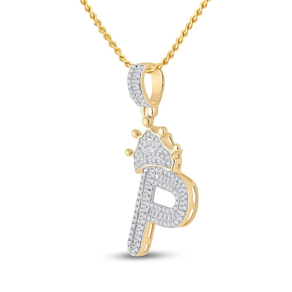 Keene Jewelers 10kt Yellow Gold Mens Baguette Diamond Crown P Letter Charm Pendant 5/8 Cttw