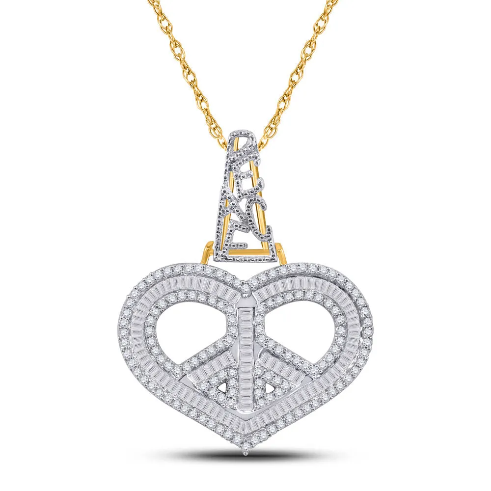 Keene Jewelers 10kt Yellow Gold Mens Baguette Diamond Heart Peace Sign Charm Pendant 1 Cttw