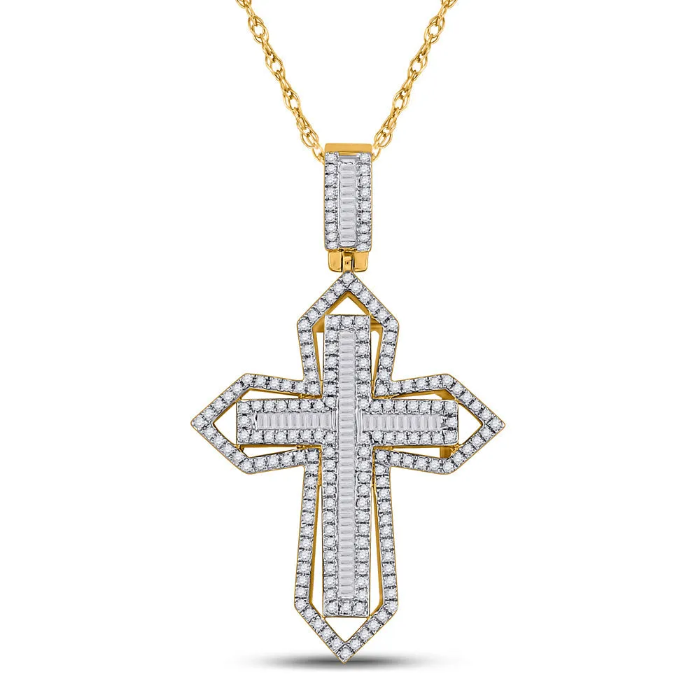 Keene Jewelers 14kt Yellow Gold Mens Baguette Diamond Cross Charm Pendant 7/8 Cttw