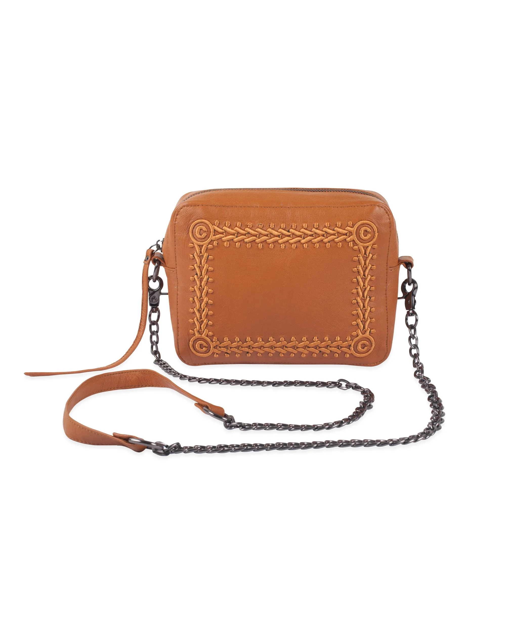 LEATHER CHAIN PURSE IN SAFFRON