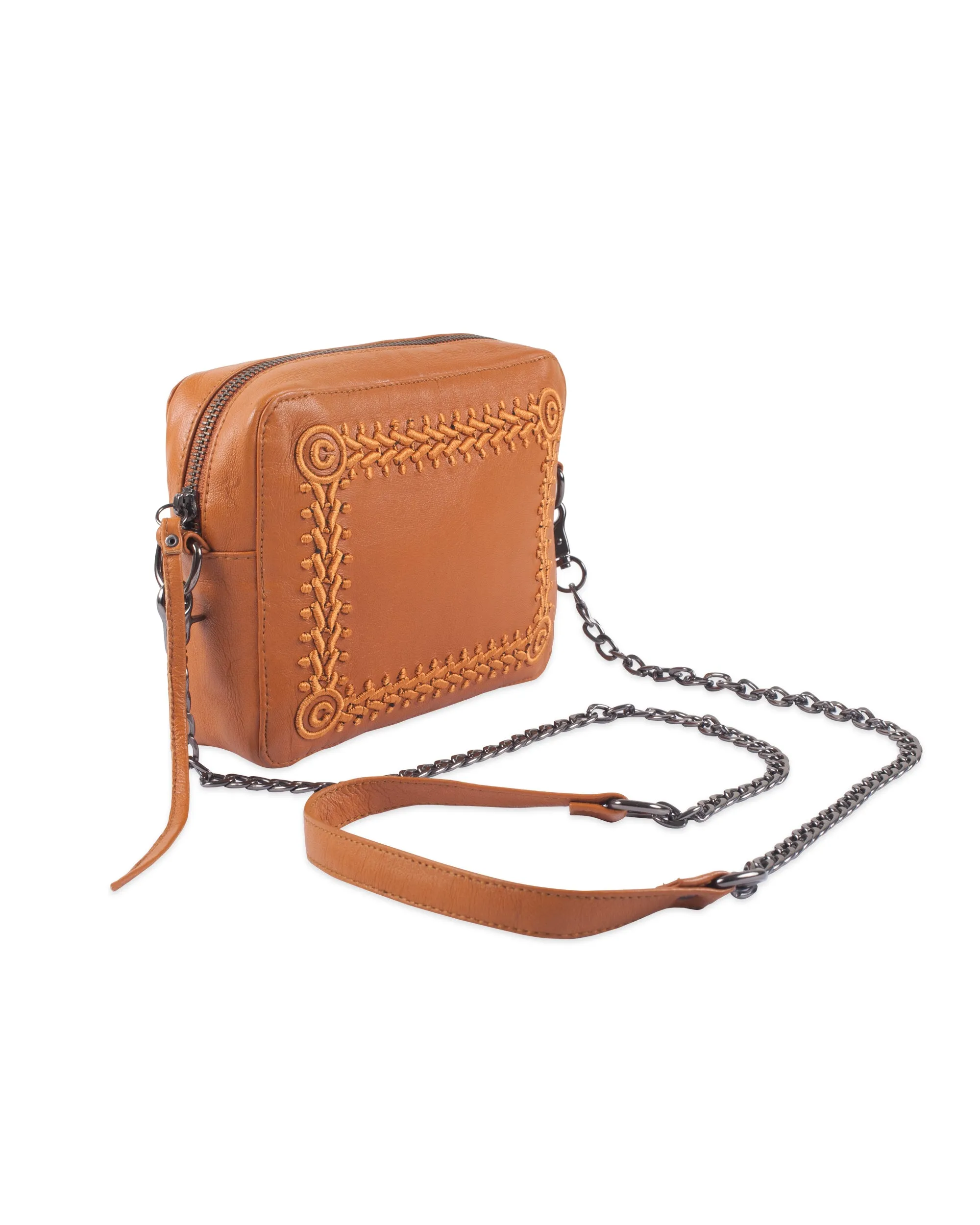 LEATHER CHAIN PURSE IN SAFFRON