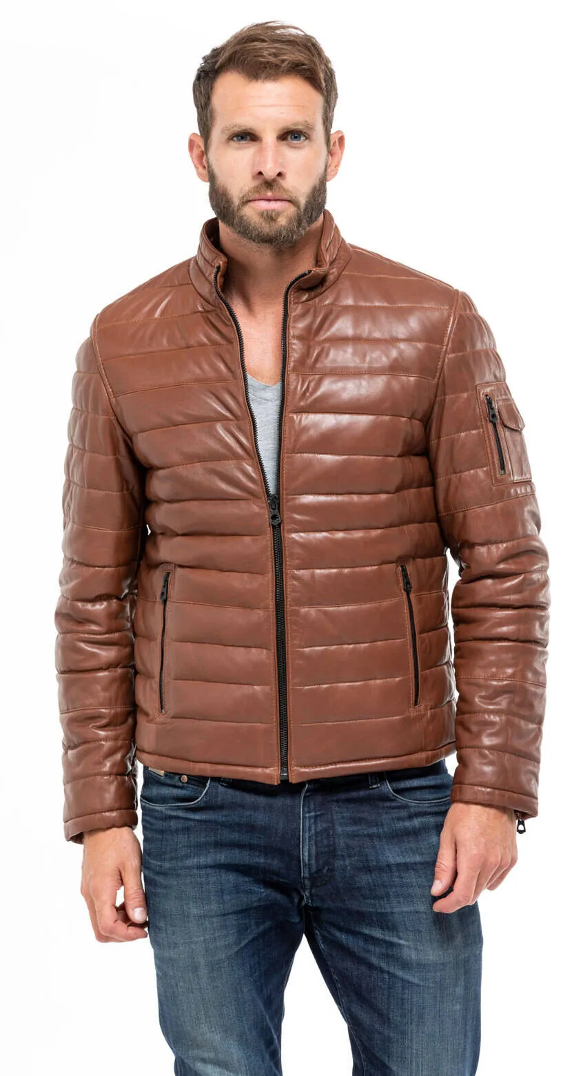 Leather jacket man cognac style down jacket 100973