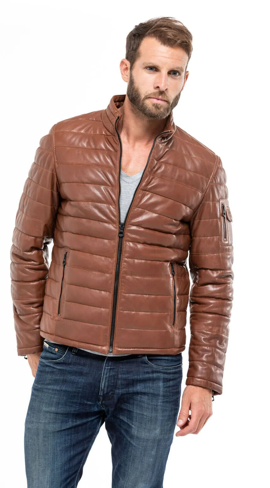 Leather jacket man cognac style down jacket 100973