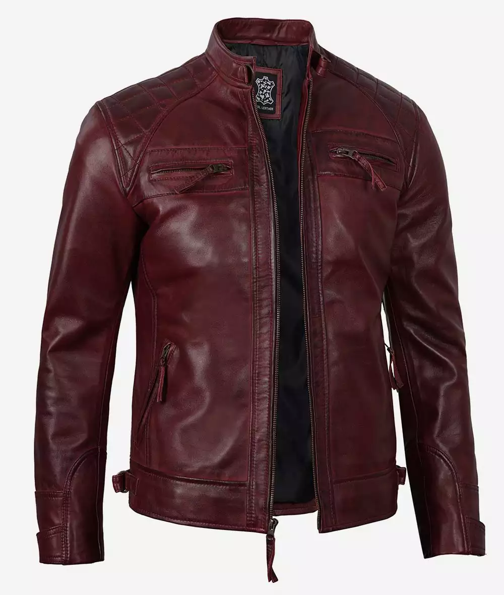 Mens Real Lambskin Leather Maroon Biker Jacket - Quilted Shoulder