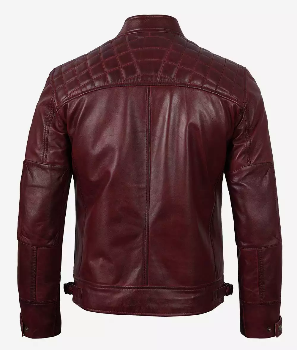 Mens Real Lambskin Leather Maroon Biker Jacket - Quilted Shoulder