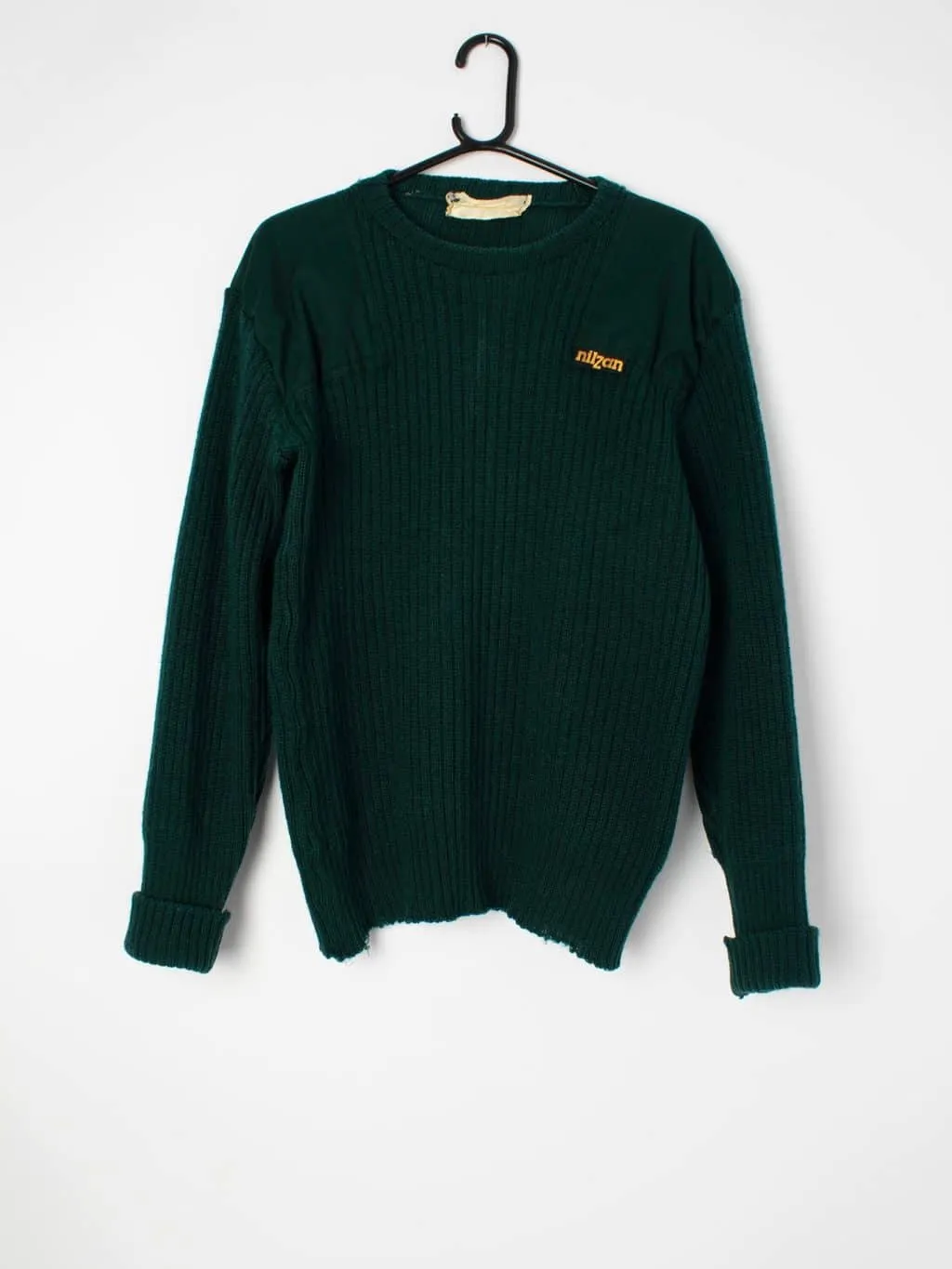 Mens vintage military style jumper in green with shoulder details workwear style 1980s – Large