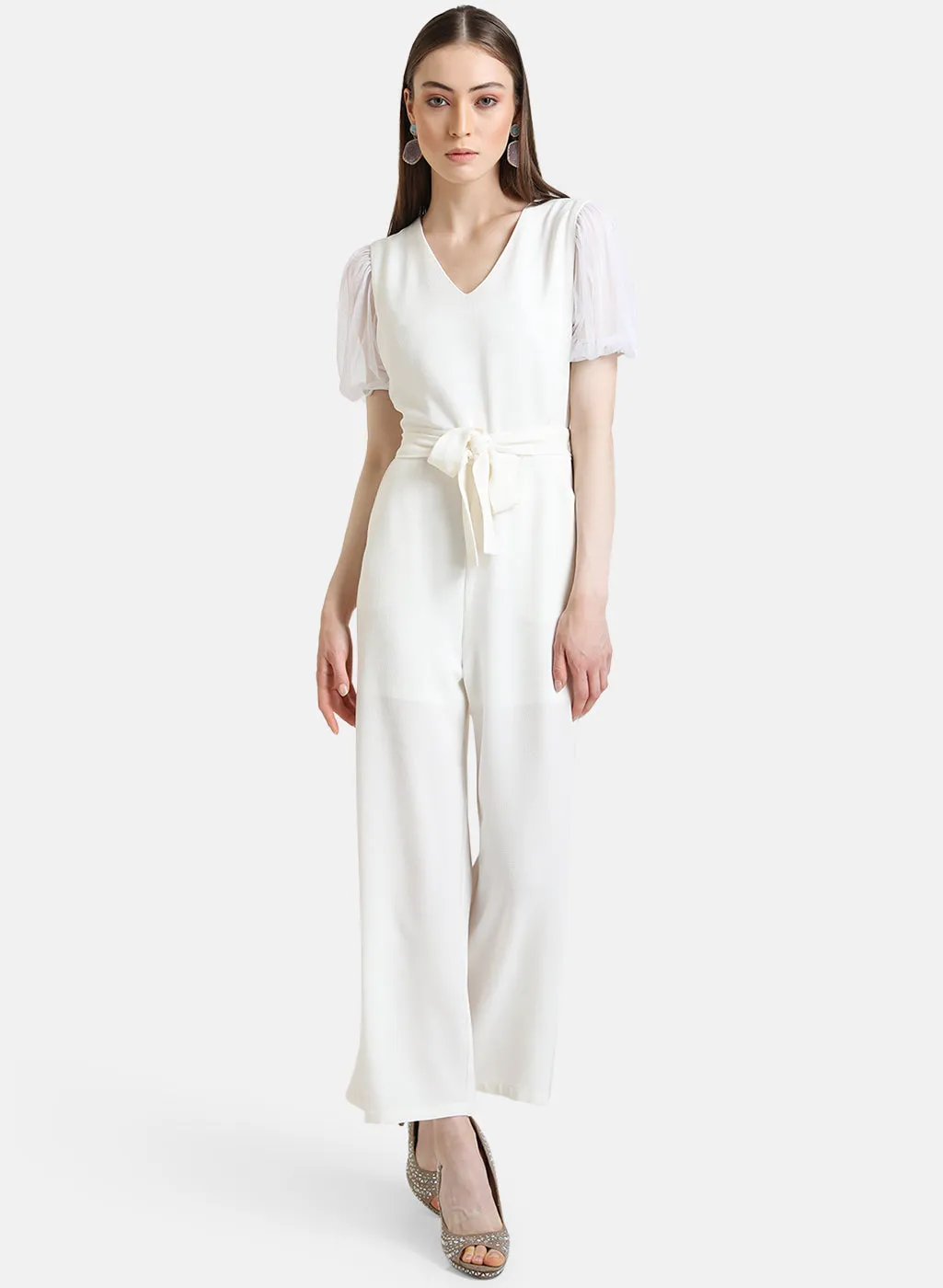 Mesh Sleeves Jumpsuit With Tie-Up