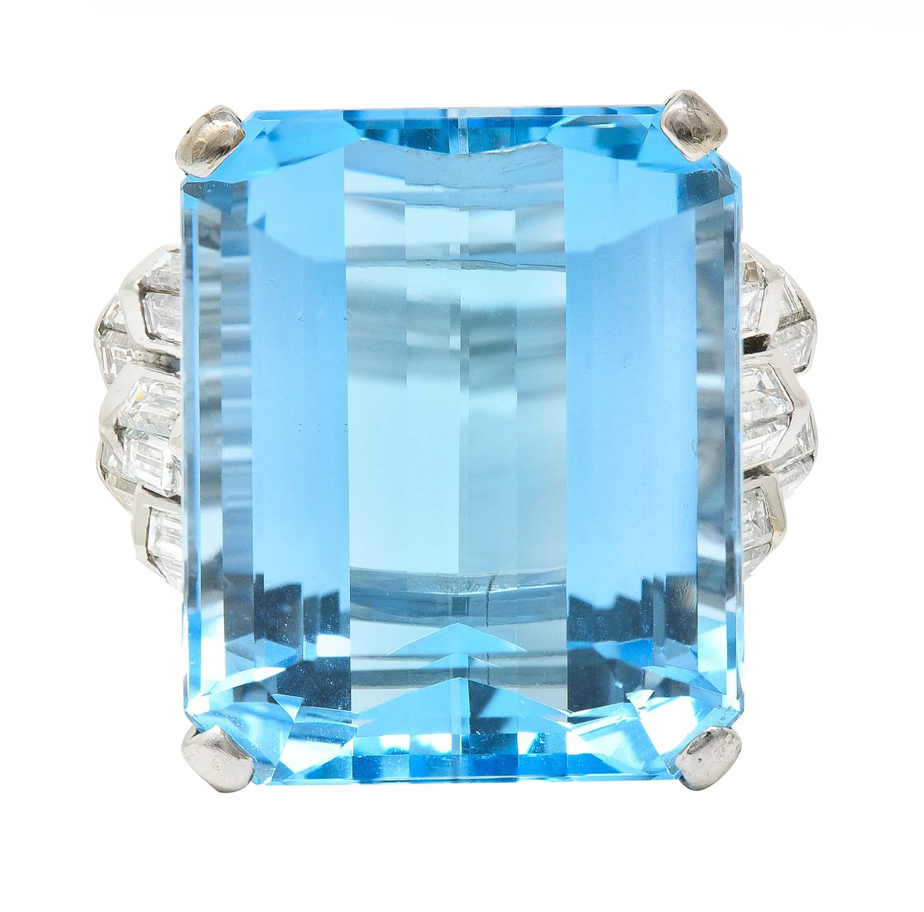 Mid-Century 25.76 CTW Emerald Cut Aquamarine Baguette Cut Diamond Platinum Stepped Chevron Antique Cocktail Ring