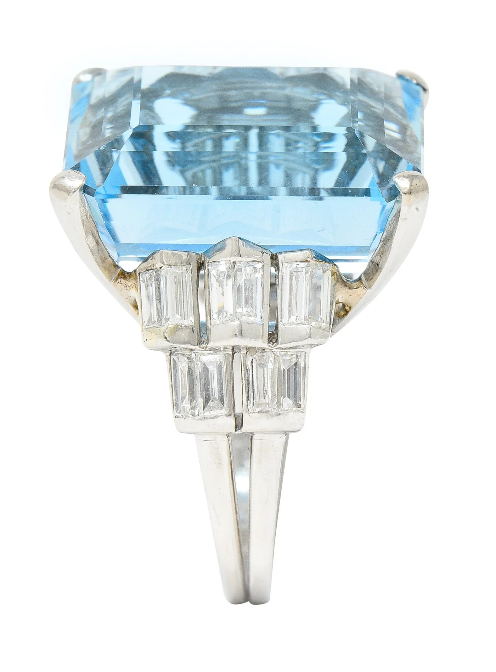 Mid-Century 25.76 CTW Emerald Cut Aquamarine Baguette Cut Diamond Platinum Stepped Chevron Antique Cocktail Ring