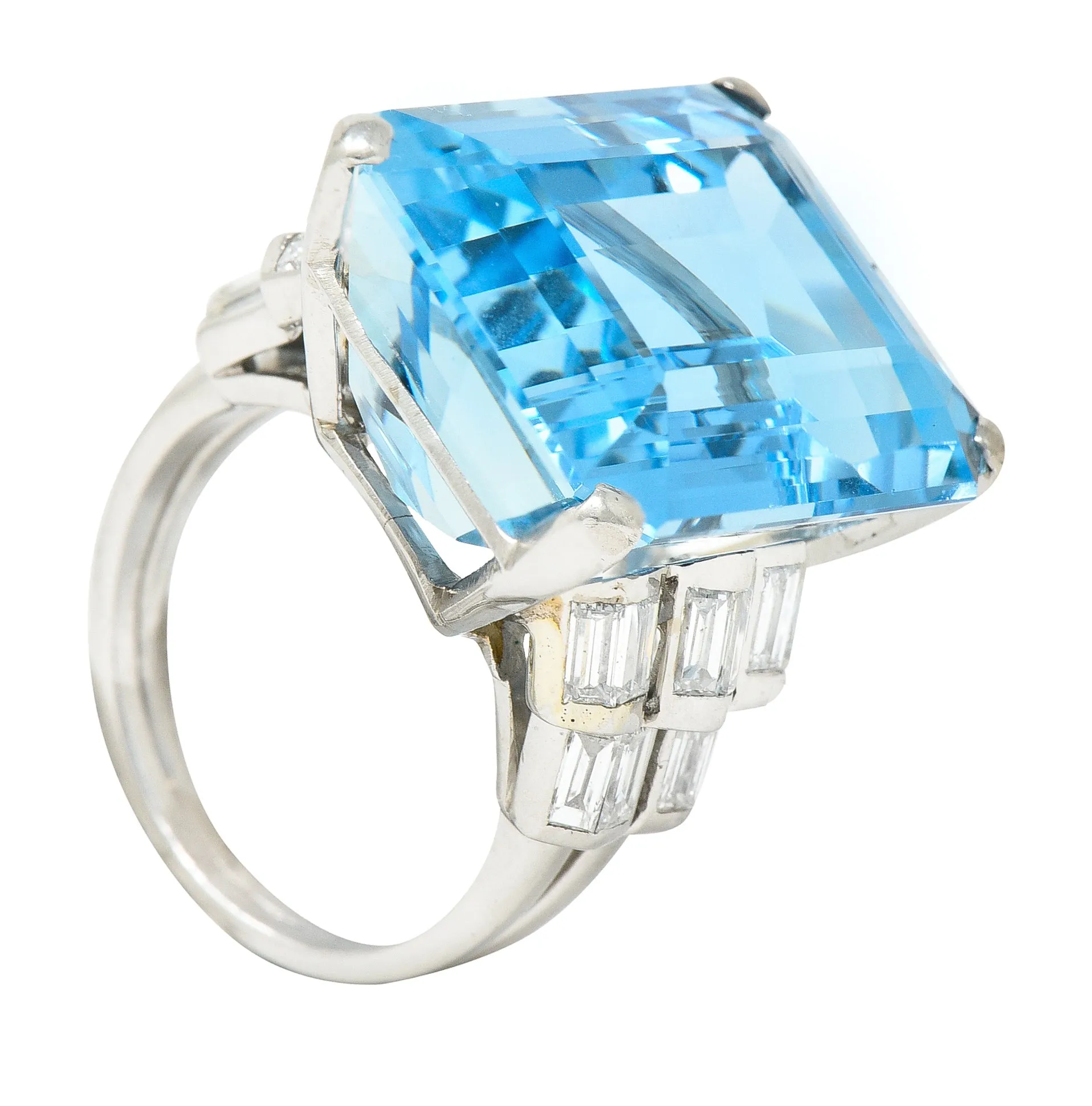 Mid-Century 25.76 CTW Emerald Cut Aquamarine Baguette Cut Diamond Platinum Stepped Chevron Antique Cocktail Ring