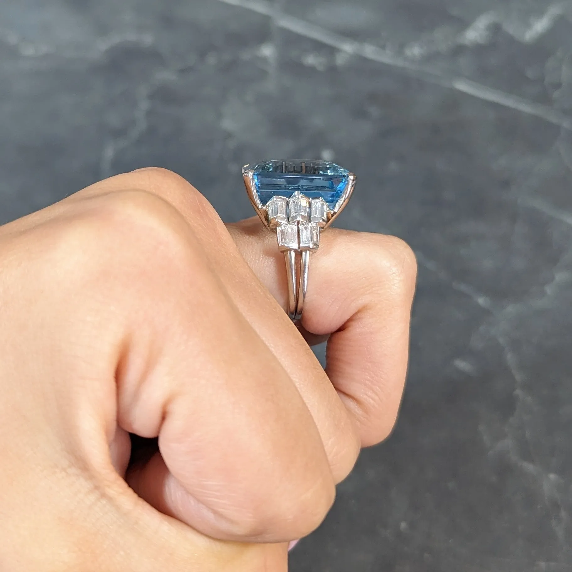 Mid-Century 25.76 CTW Emerald Cut Aquamarine Baguette Cut Diamond Platinum Stepped Chevron Antique Cocktail Ring