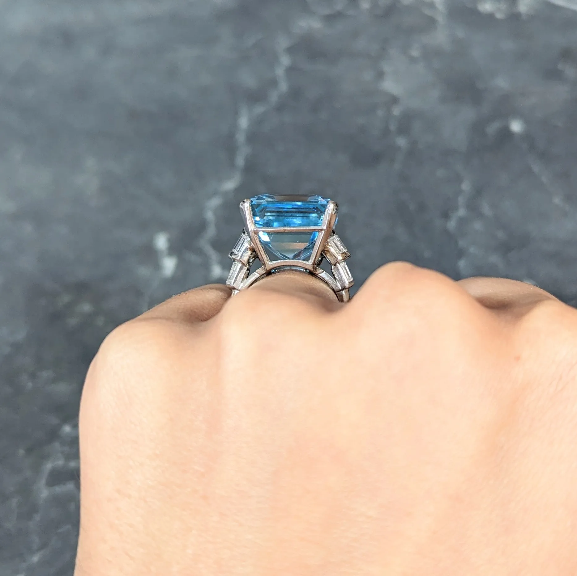 Mid-Century 25.76 CTW Emerald Cut Aquamarine Baguette Cut Diamond Platinum Stepped Chevron Antique Cocktail Ring