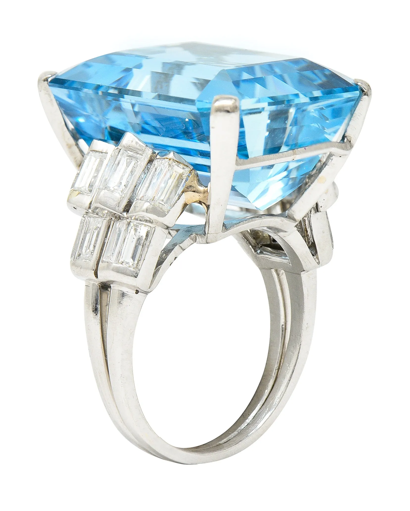 Mid-Century 25.76 CTW Emerald Cut Aquamarine Baguette Cut Diamond Platinum Stepped Chevron Antique Cocktail Ring