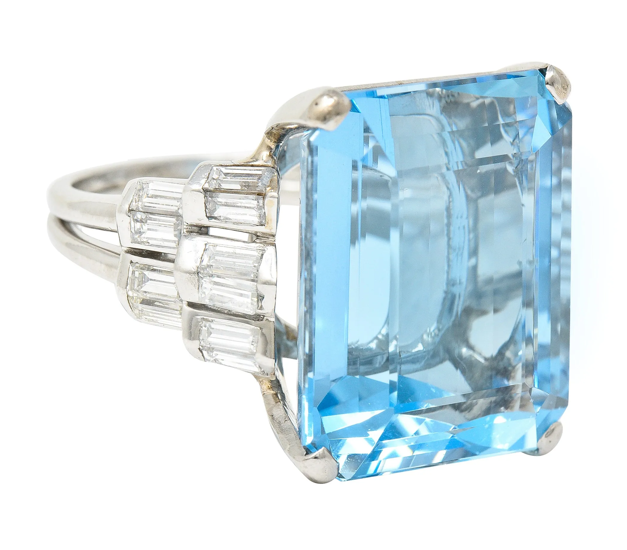 Mid-Century 25.76 CTW Emerald Cut Aquamarine Baguette Cut Diamond Platinum Stepped Chevron Antique Cocktail Ring