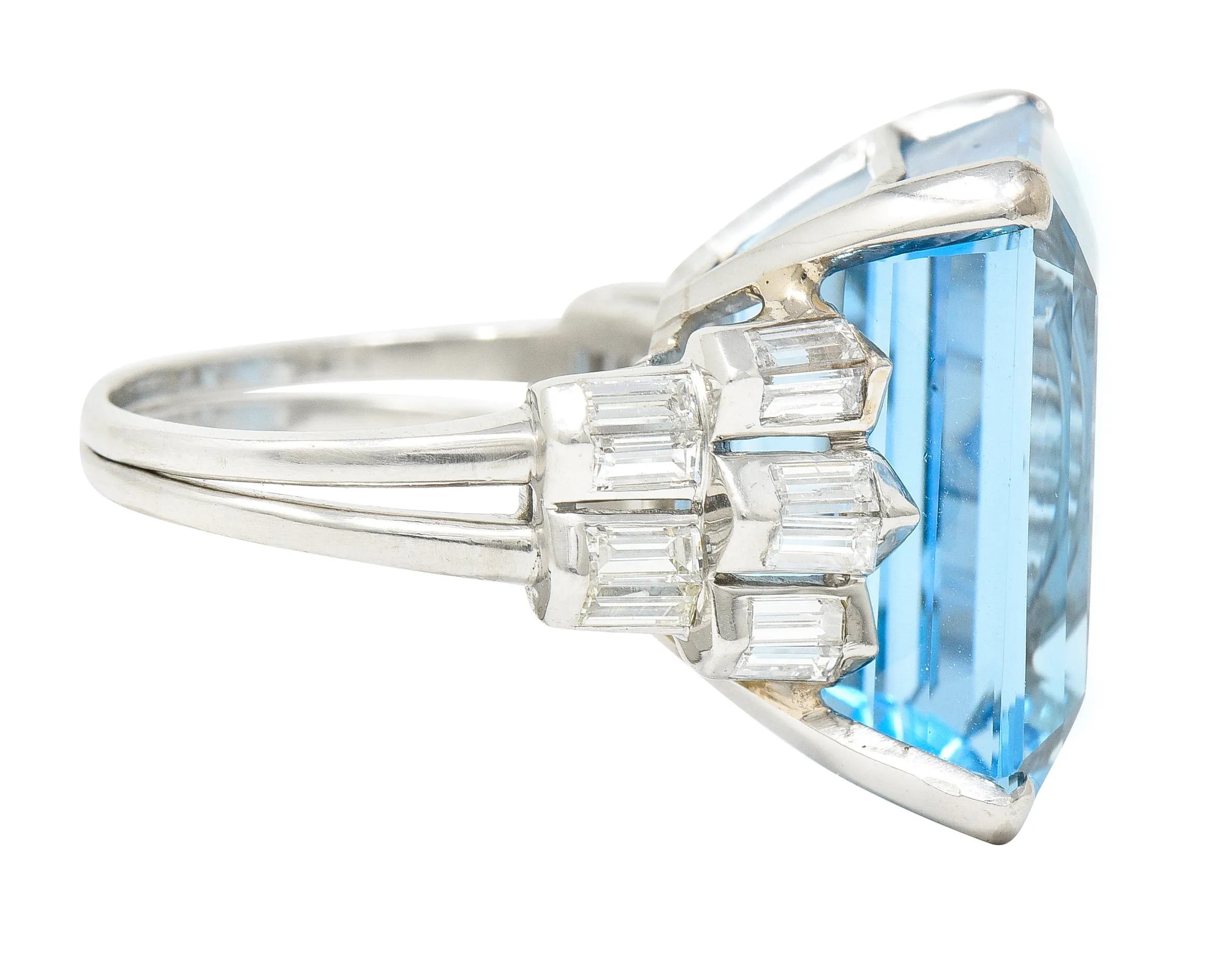 Mid-Century 25.76 CTW Emerald Cut Aquamarine Baguette Cut Diamond Platinum Stepped Chevron Antique Cocktail Ring