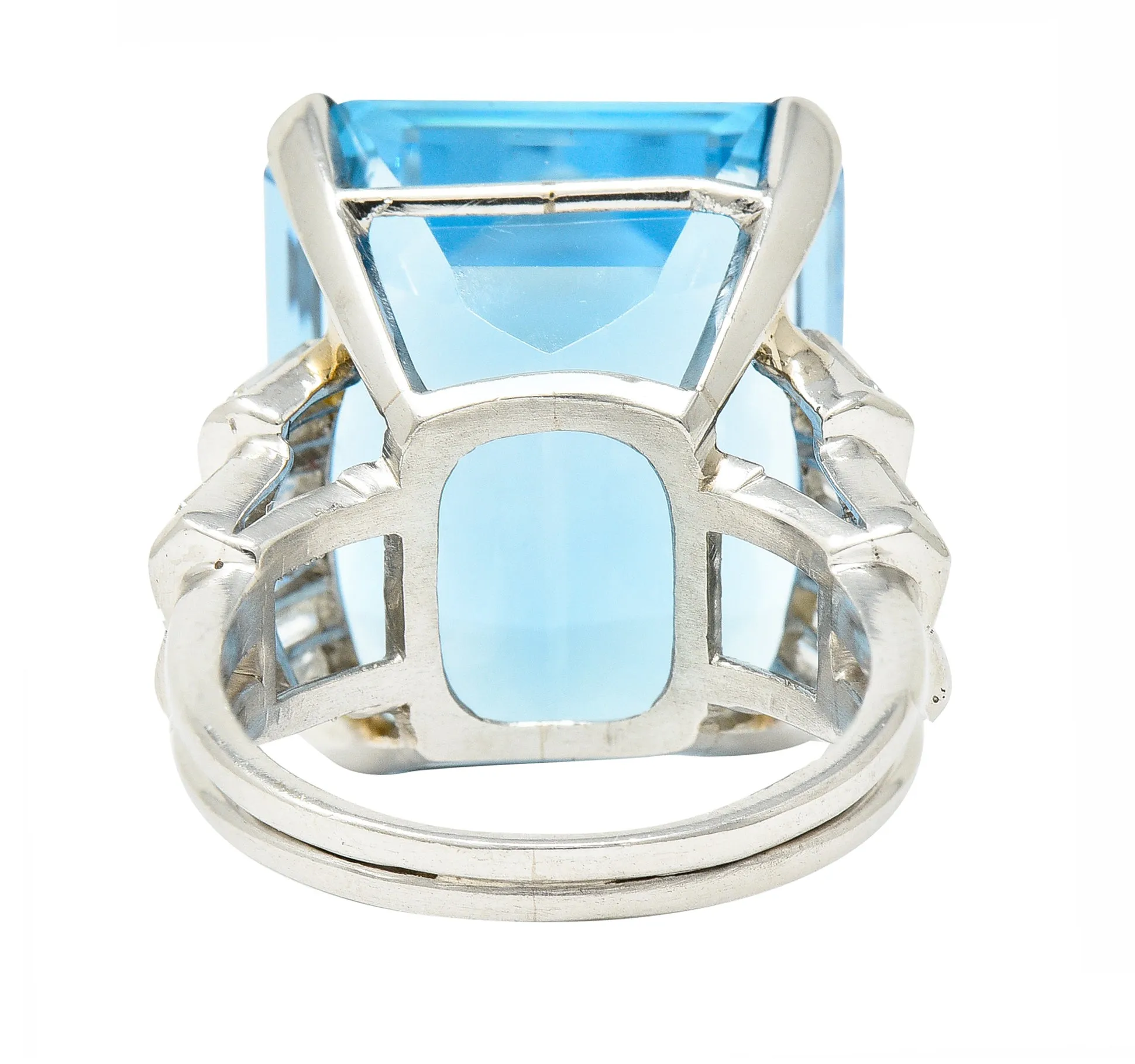 Mid-Century 25.76 CTW Emerald Cut Aquamarine Baguette Cut Diamond Platinum Stepped Chevron Antique Cocktail Ring