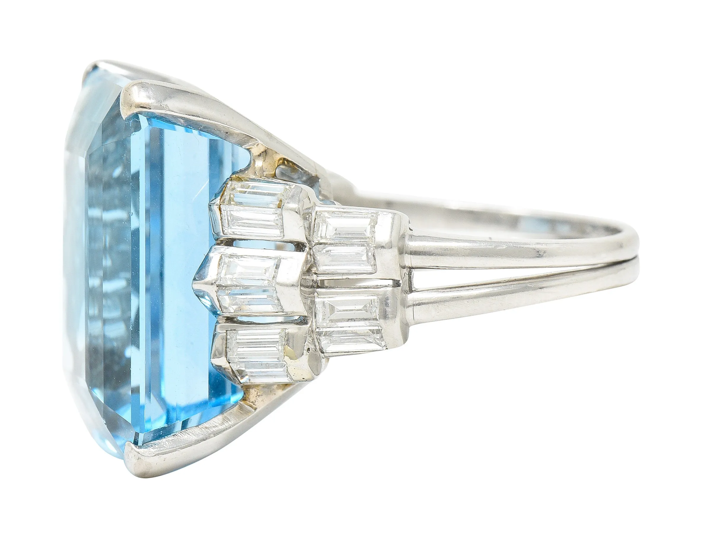 Mid-Century 25.76 CTW Emerald Cut Aquamarine Baguette Cut Diamond Platinum Stepped Chevron Antique Cocktail Ring