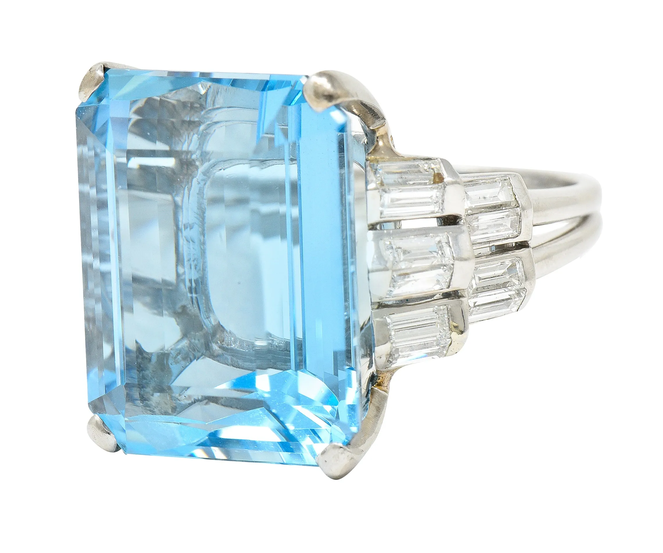 Mid-Century 25.76 CTW Emerald Cut Aquamarine Baguette Cut Diamond Platinum Stepped Chevron Antique Cocktail Ring